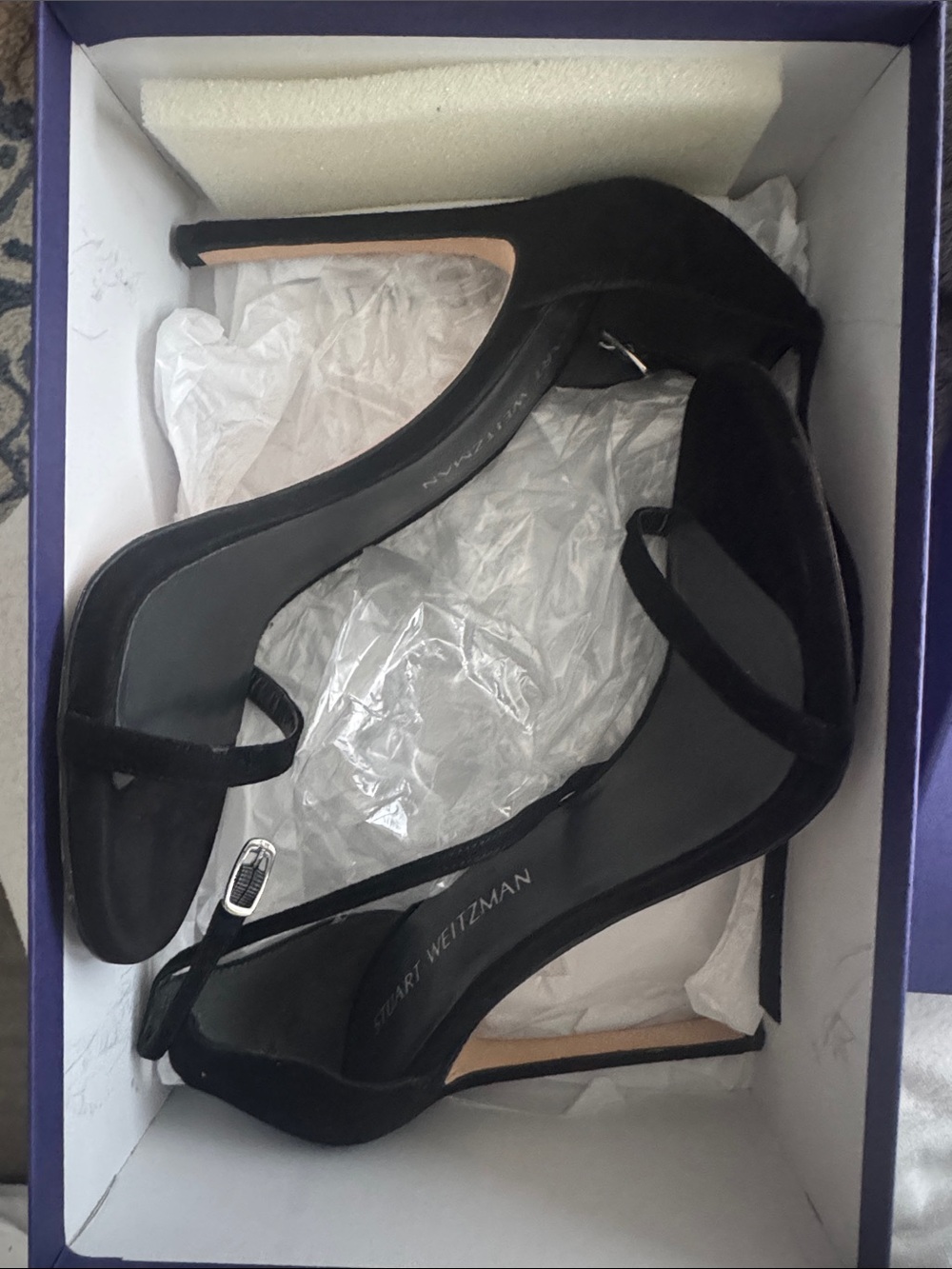 Stuart Weitzman Black Suede Open-Toe Ankle-Strap Heels